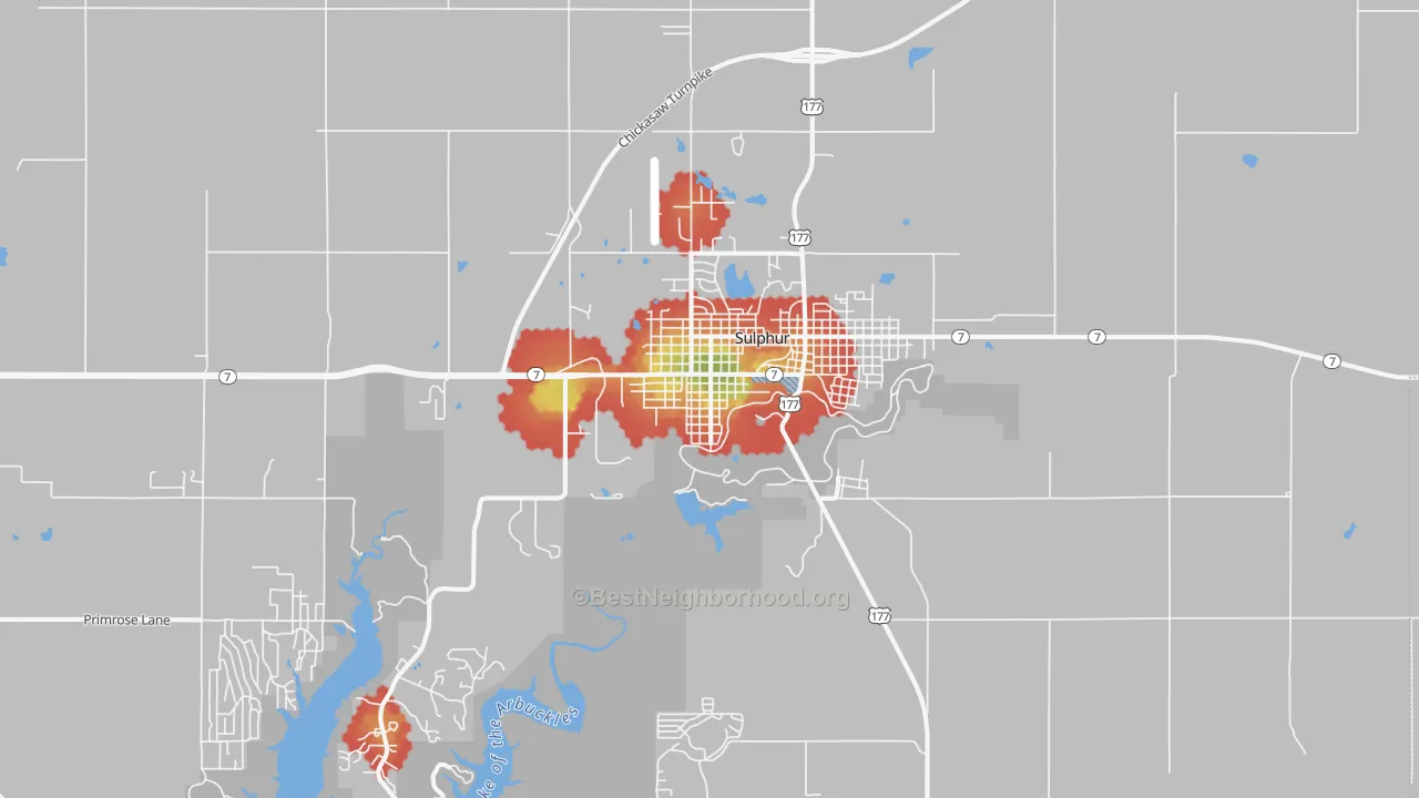 Walk Grade map of Sulphur, OK, walkable areas in green and car-dependent areas in red