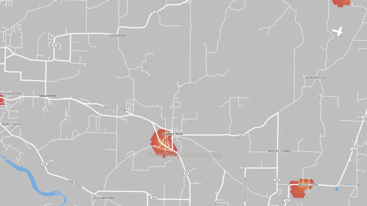 Walk Grade map of Sulphur Rock, AR, walkable areas in green and car-dependent areas in red