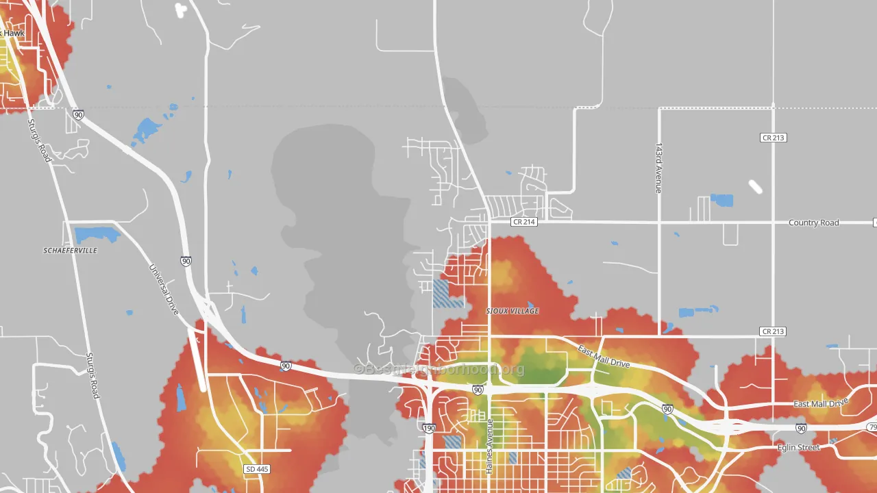 Walk Grade map of Sulphur, SD, walkable areas in green and car-dependent areas in red