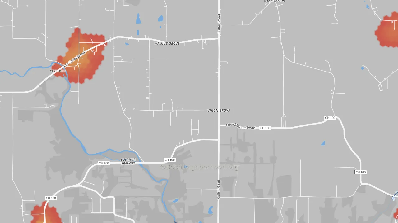 Walk Grade map of Sulphur Springs, AL, walkable areas in green and car-dependent areas in red