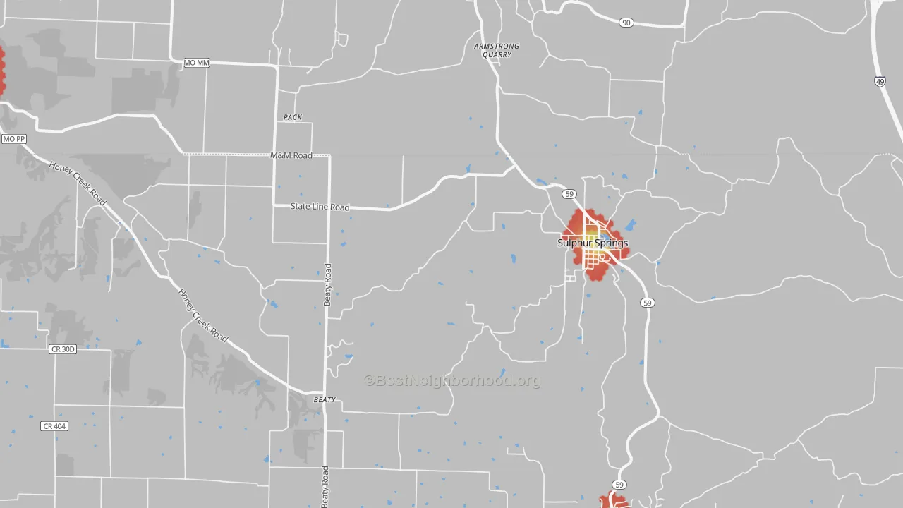 Walk Grade map of Sulphur Springs, AR, walkable areas in green and car-dependent areas in red