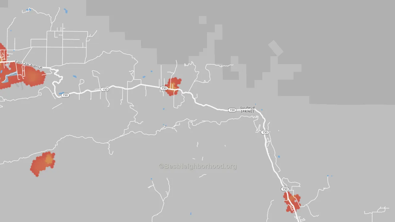 Walk Grade map of Sulphur Springs, CA, walkable areas in green and car-dependent areas in red