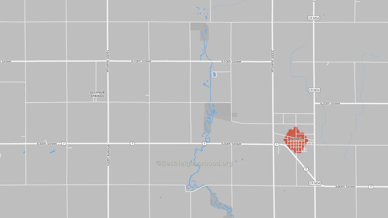 Walk Grade map of Sulphur Springs, IA, walkable areas in green and car-dependent areas in red
