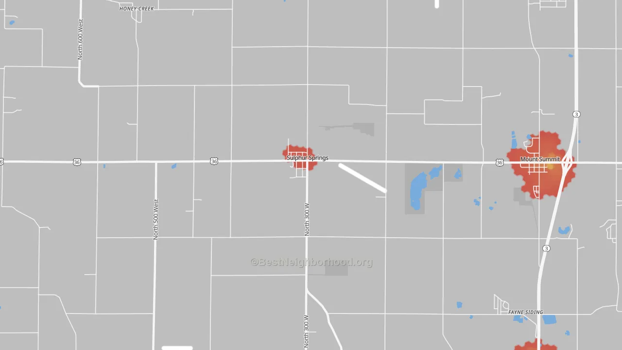 Walk Grade map of Sulphur Springs, IN, walkable areas in green and car-dependent areas in red