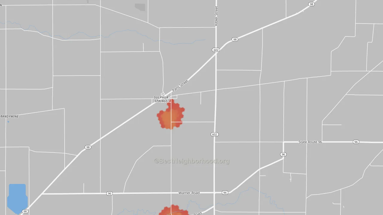 Walk Grade map of Sulphur Springs, OH, walkable areas in green and car-dependent areas in red