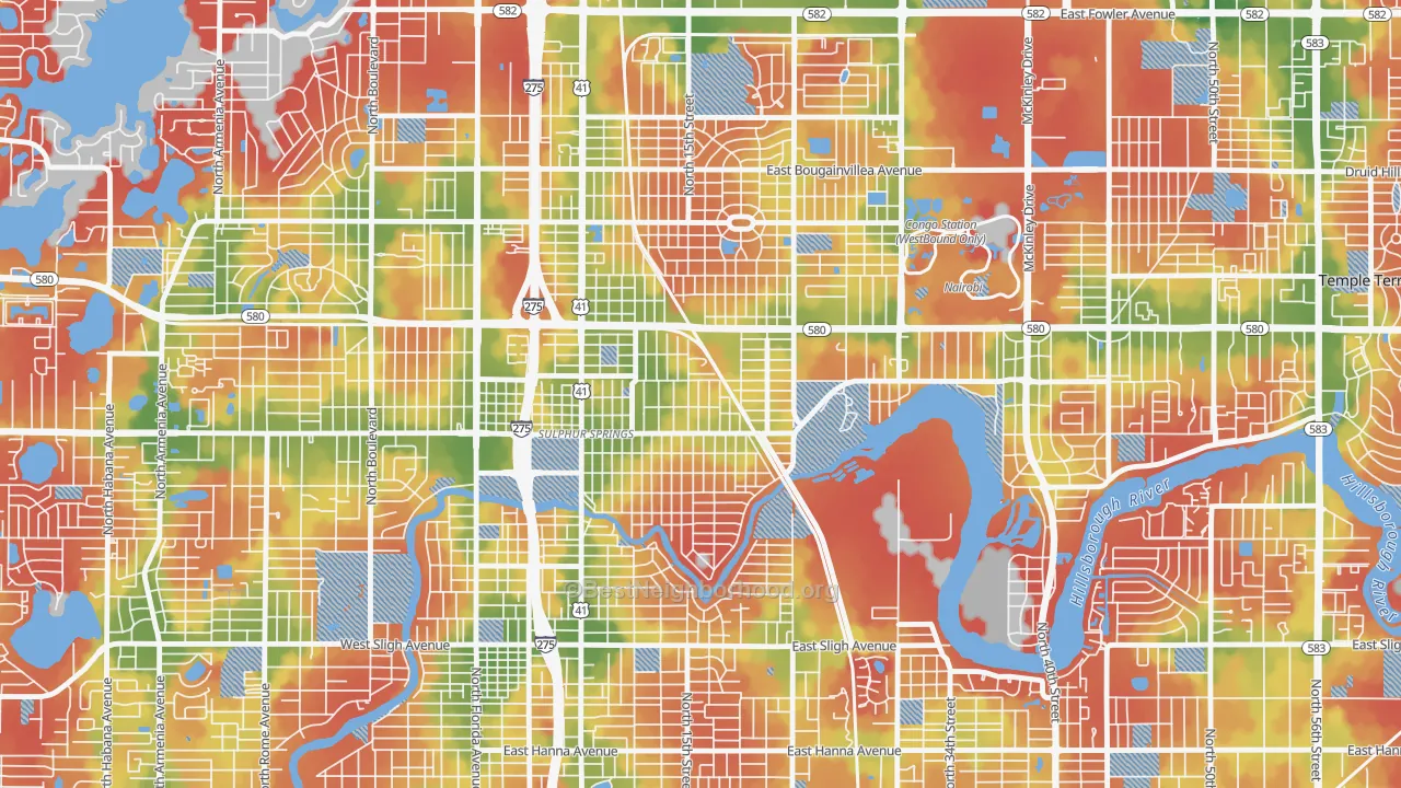Walk Grade map of Sulphur Springs, Tampa, FL, walkable areas in green and car-dependent areas in red