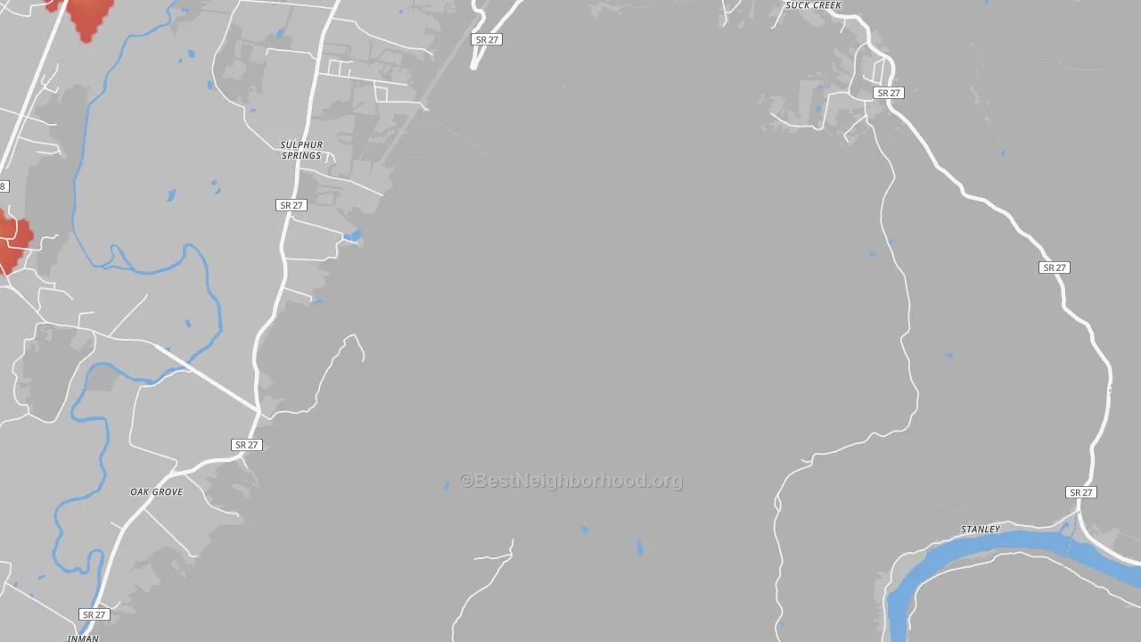 Walk Grade map of Sulphur Springs, TN, walkable areas in green and car-dependent areas in red