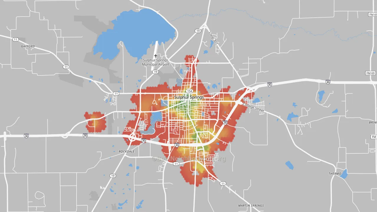 Walk Grade map of Sulphur Springs, TX, walkable areas in green and car-dependent areas in red