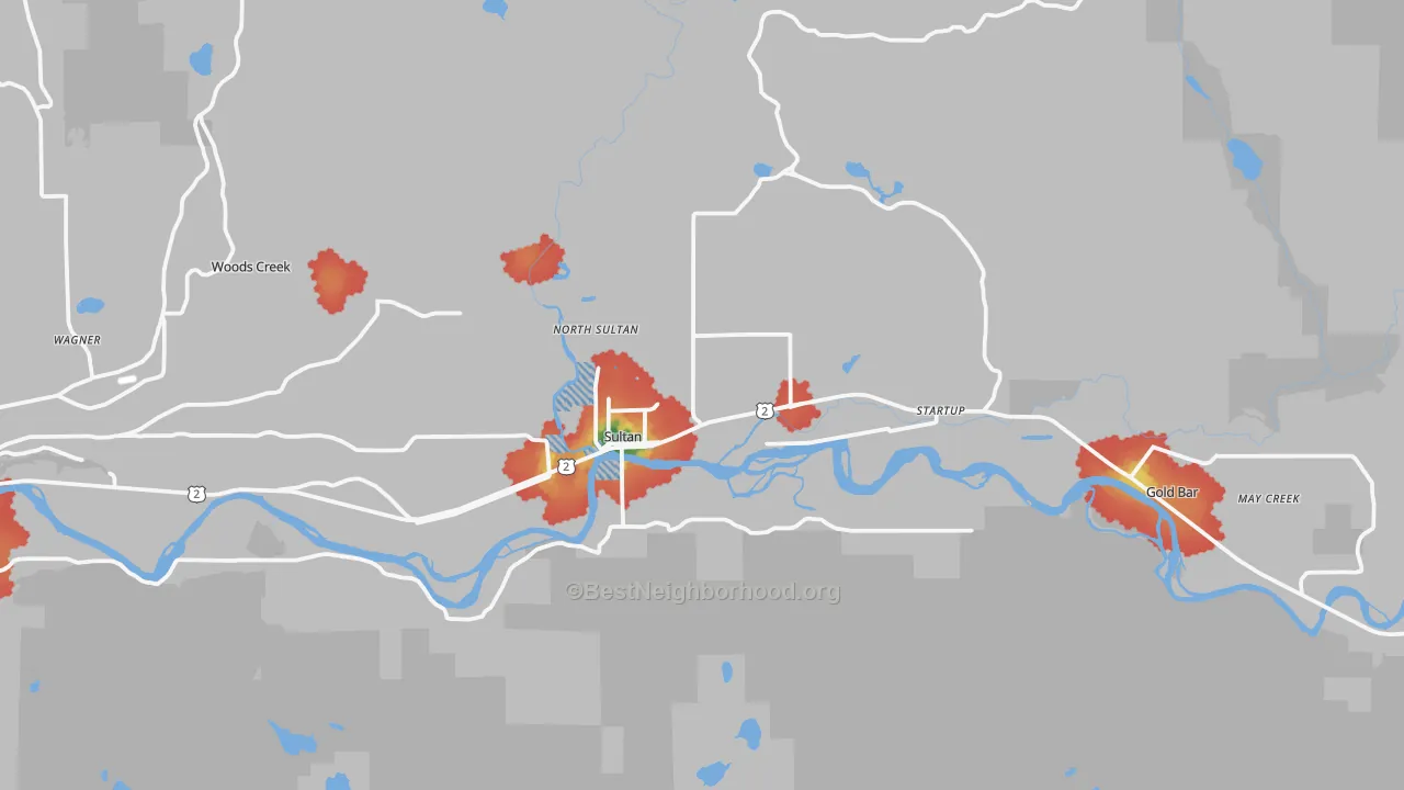 Walk Grade map of Sultan, WA, walkable areas in green and car-dependent areas in red