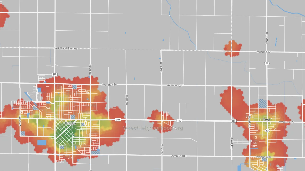 Walk Grade map of Sultana, CA, walkable areas in green and car-dependent areas in red