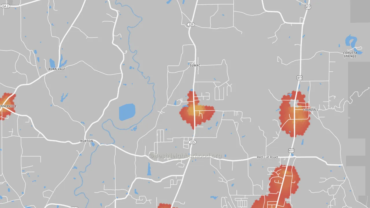 Walk Grade map of Sumac, GA, walkable areas in green and car-dependent areas in red