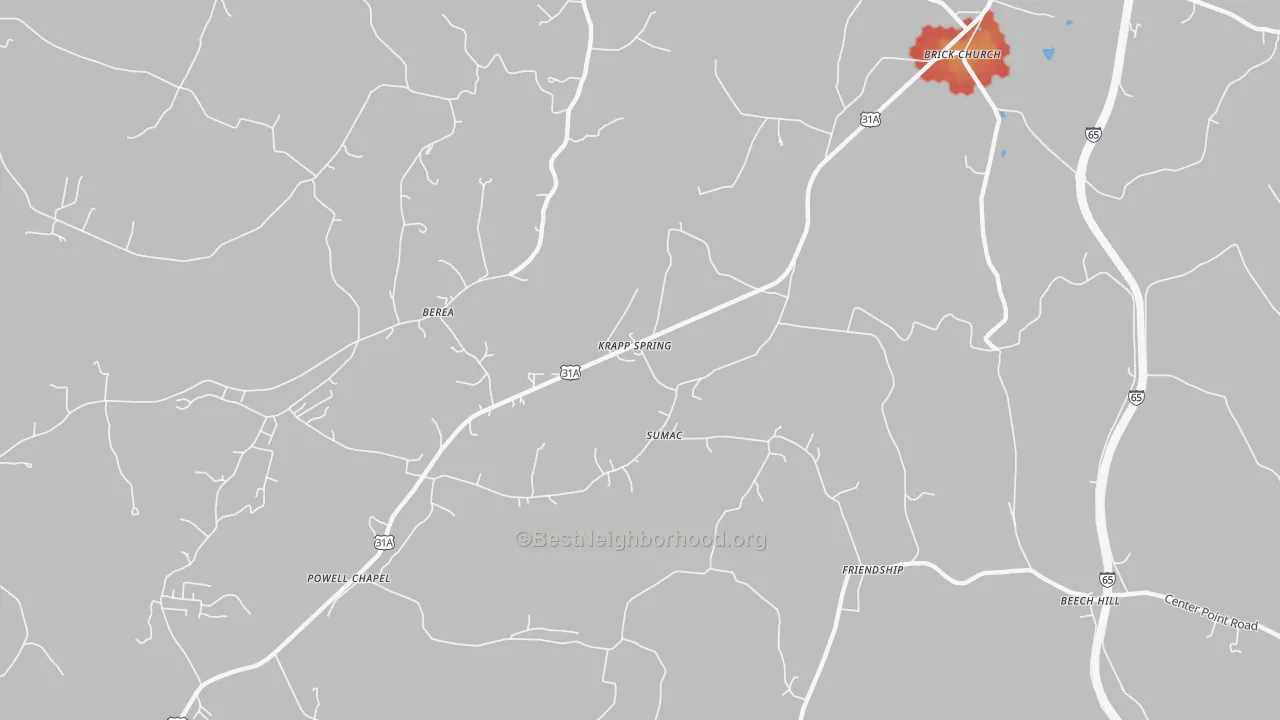 Walk Grade map of Sumac, TN, walkable areas in green and car-dependent areas in red