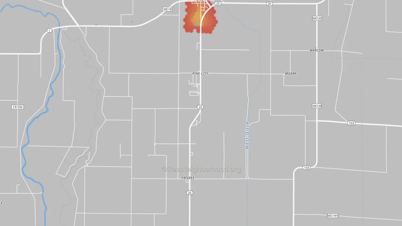 Walk Grade map of Sumach, MO, walkable areas in green and car-dependent areas in red