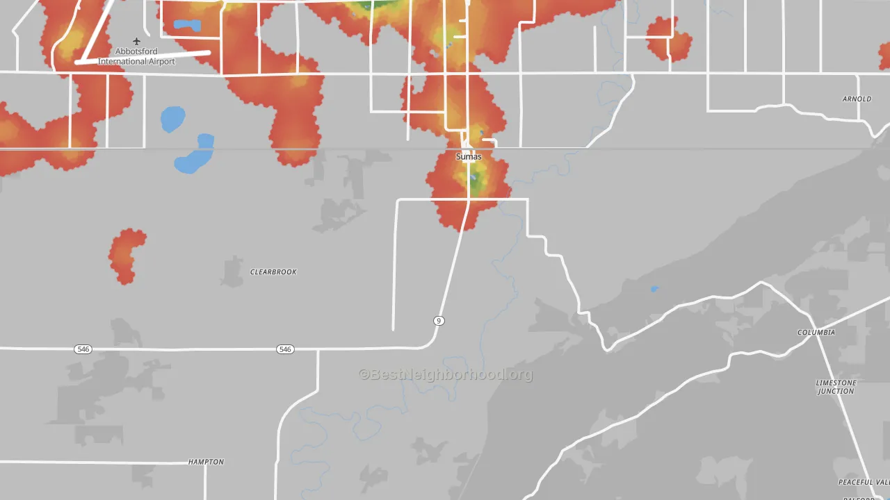 Walk Grade map of Sumas, WA, walkable areas in green and car-dependent areas in red