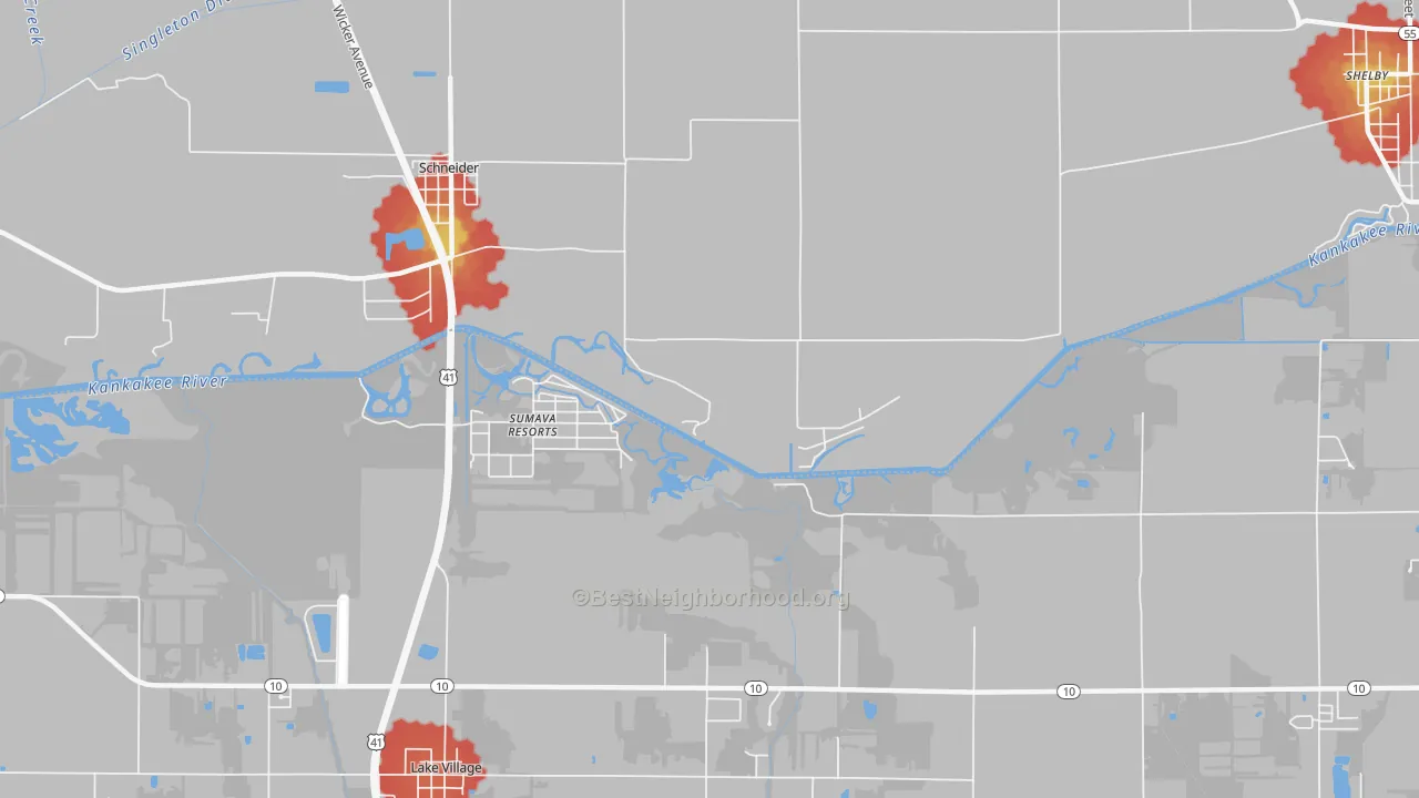Walk Grade map of Sumava Resorts, IN, walkable areas in green and car-dependent areas in red