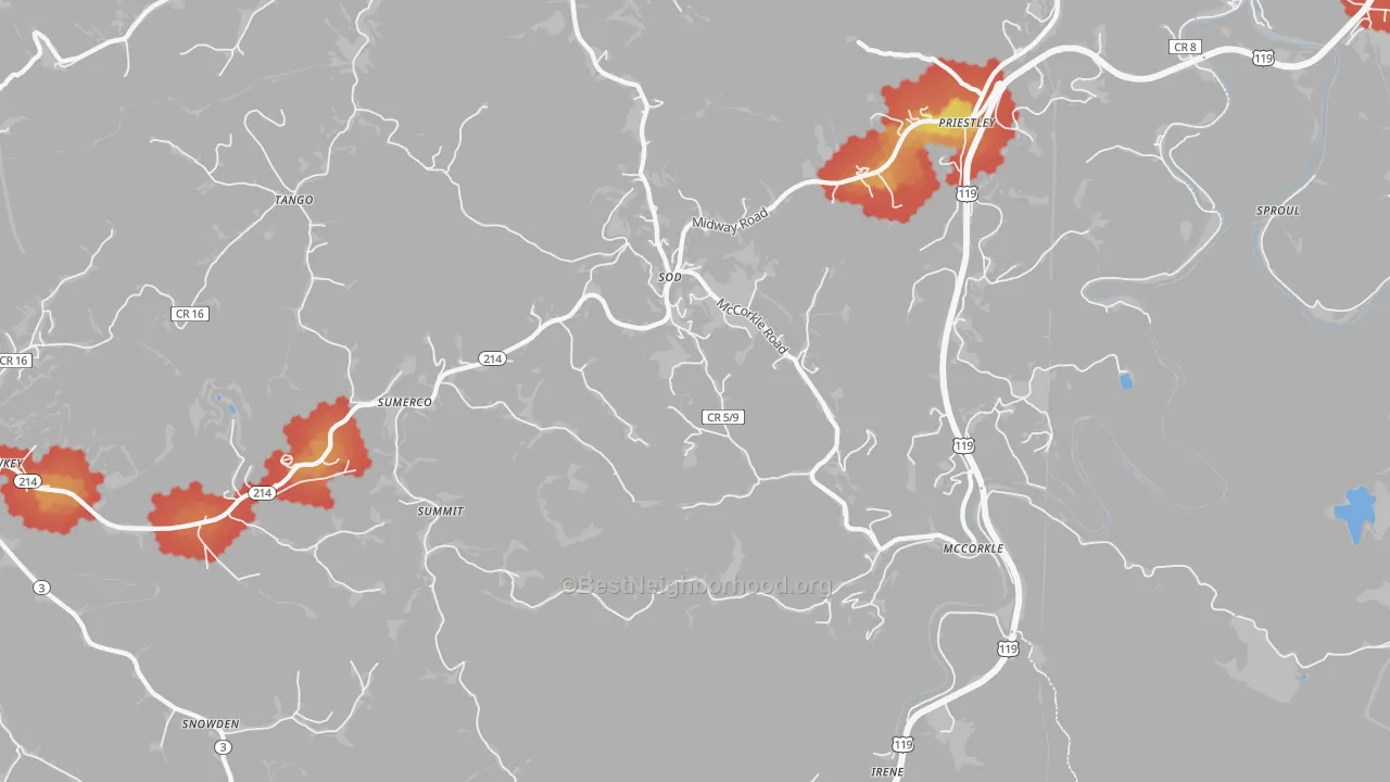 Walk Grade map of Sumerco, WV, walkable areas in green and car-dependent areas in red