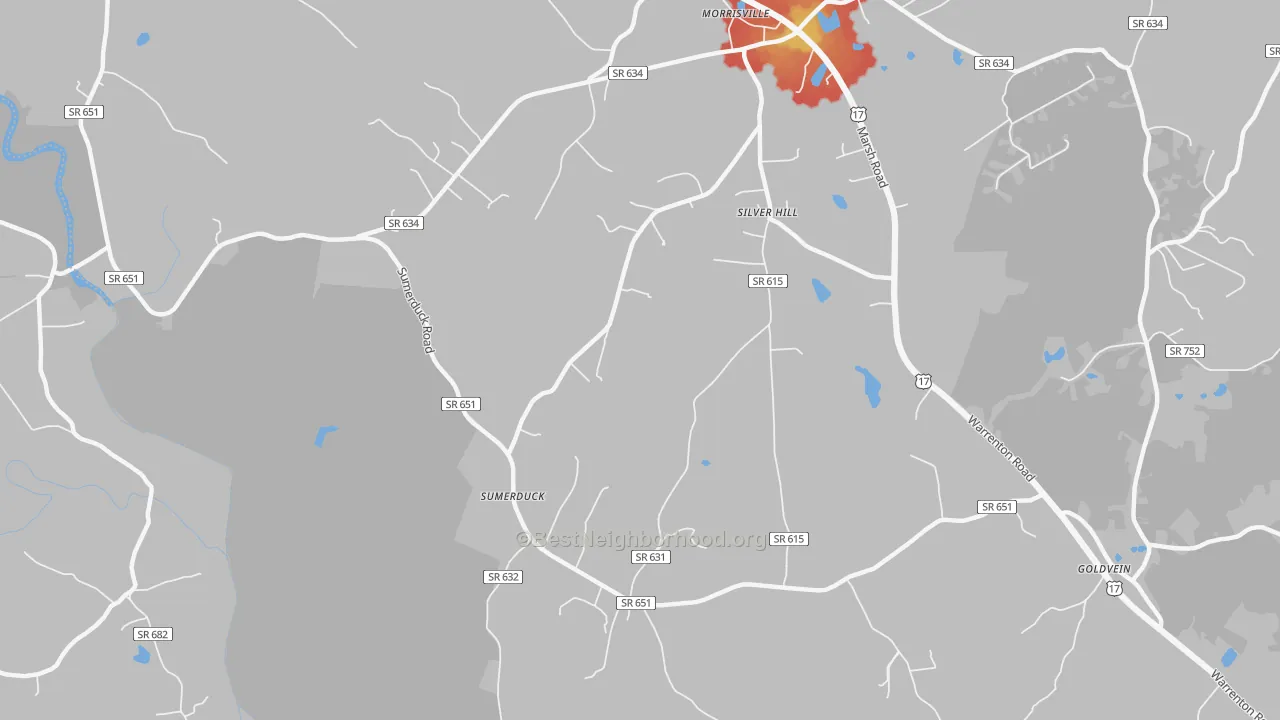Walk Grade map of Sumerduck, VA, walkable areas in green and car-dependent areas in red
