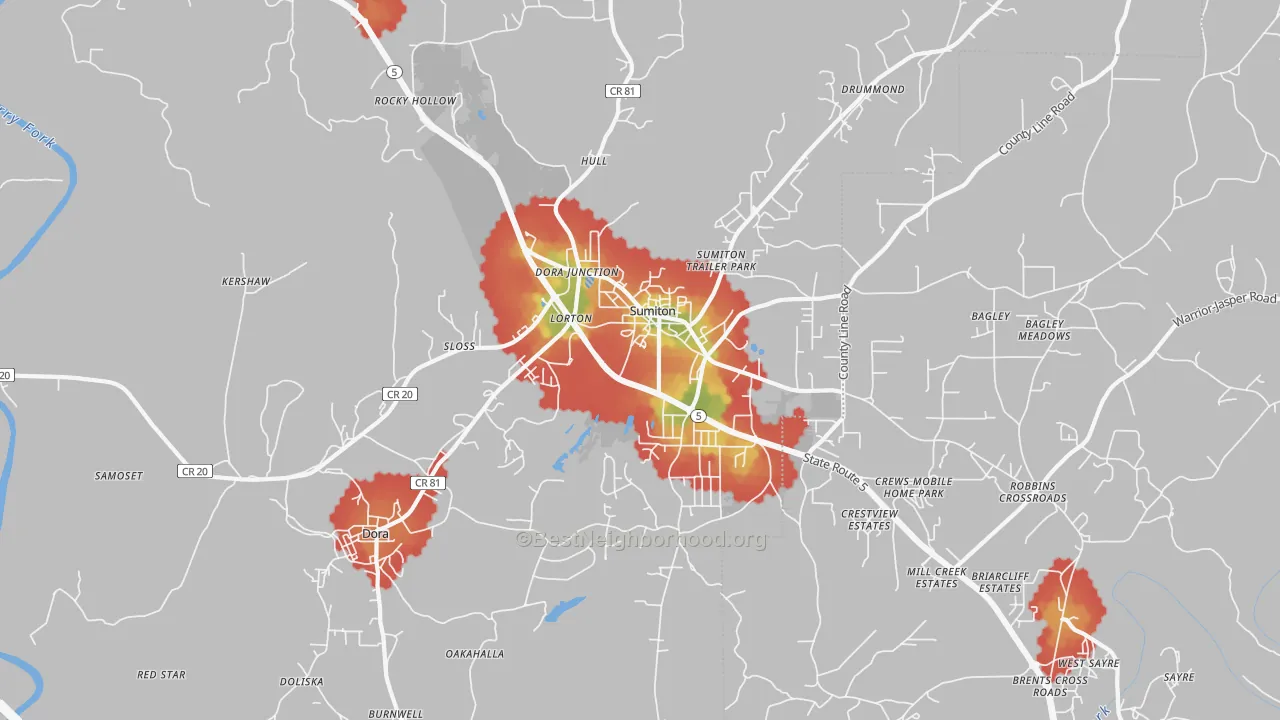 Walk Grade map of Sumiton, AL, walkable areas in green and car-dependent areas in red