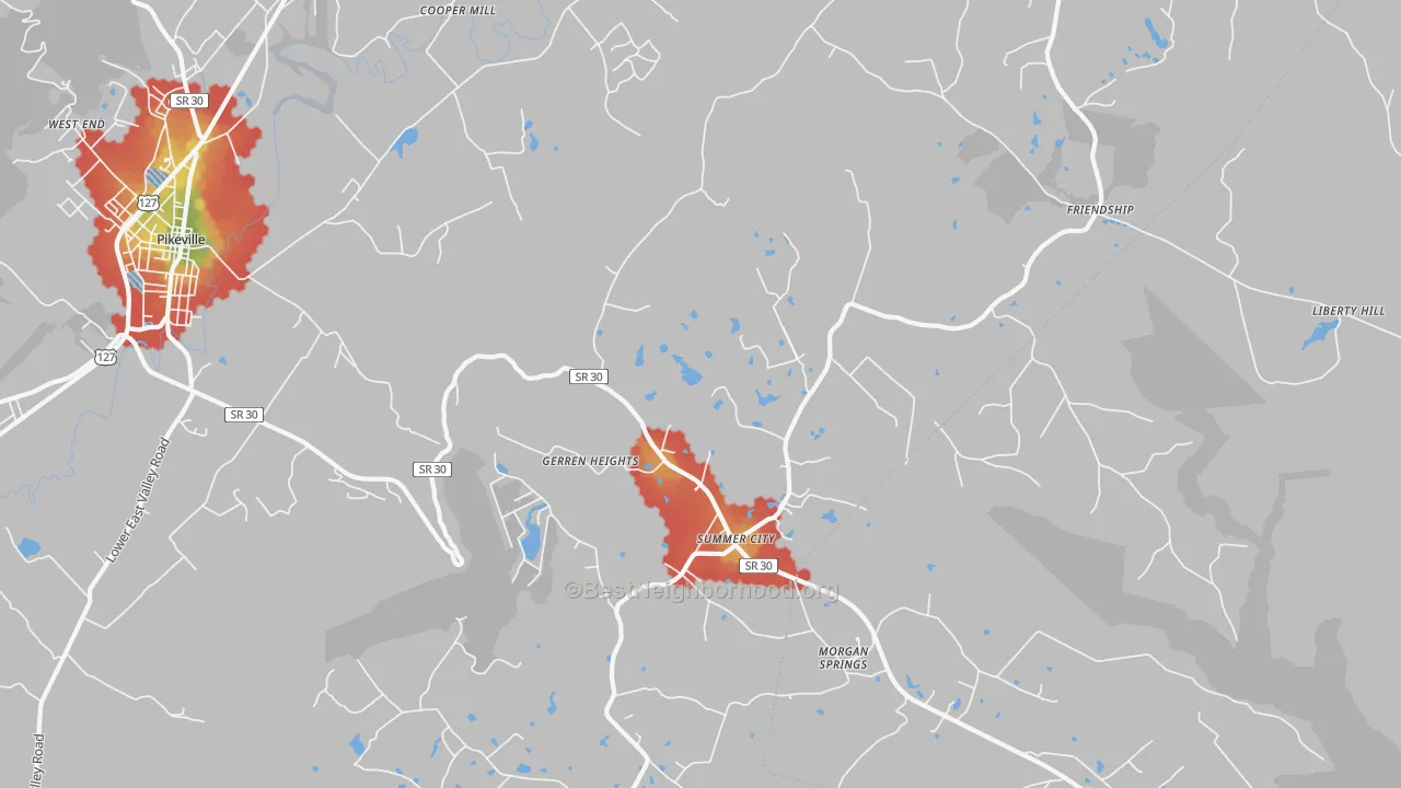 Walk Grade map of Summer City, TN, walkable areas in green and car-dependent areas in red