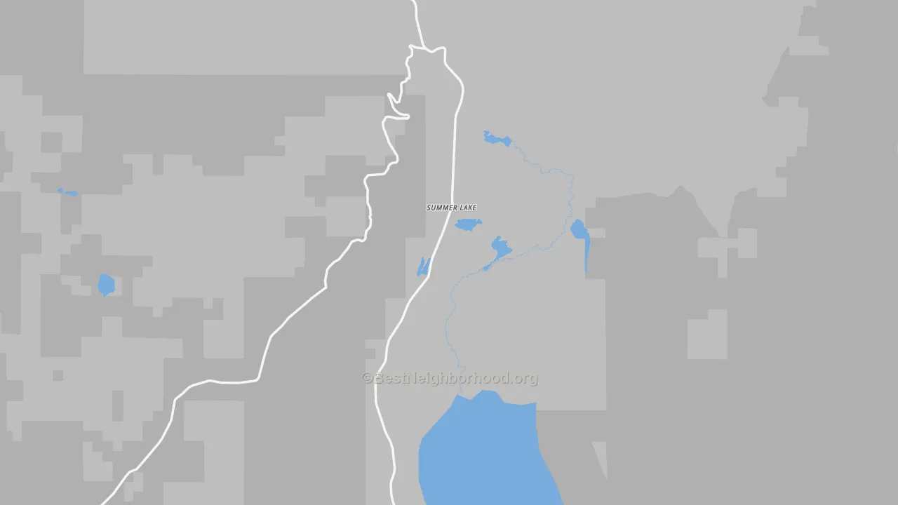 Walk Grade map of Summer Lake, OR, walkable areas in green and car-dependent areas in red