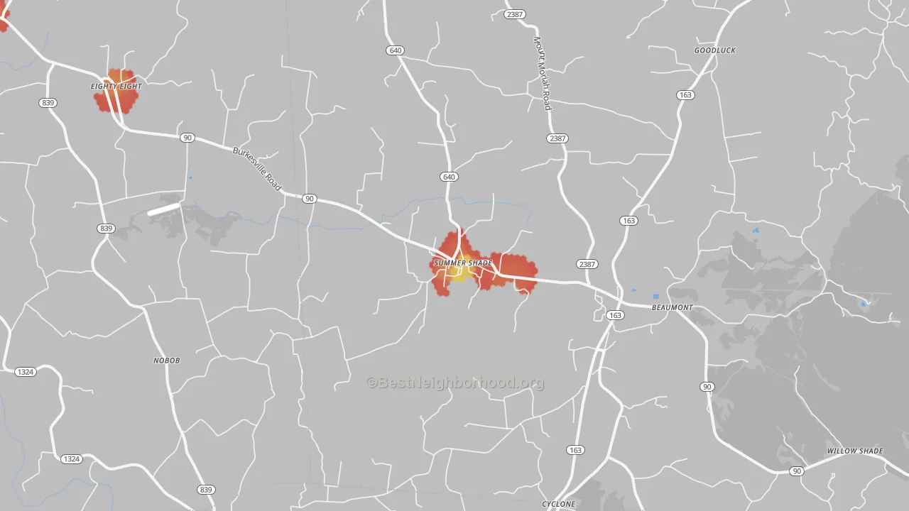 Walk Grade map of Summer Shade, KY, walkable areas in green and car-dependent areas in red