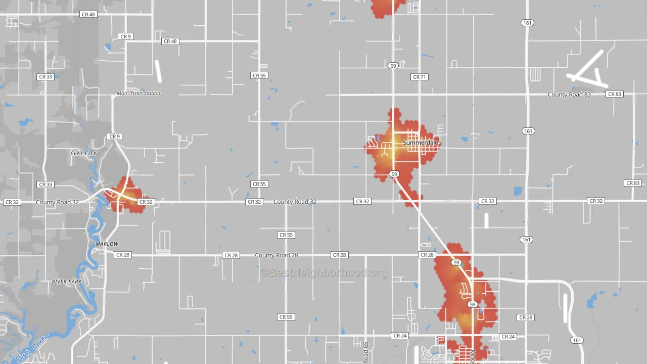 Walk Grade map of Summerdale, AL, walkable areas in green and car-dependent areas in red