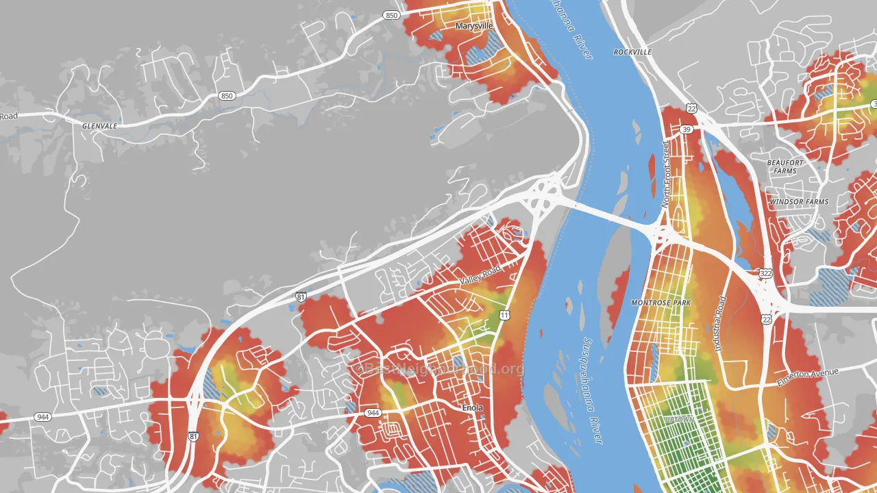 Walk Grade map of Summerdale, PA, walkable areas in green and car-dependent areas in red