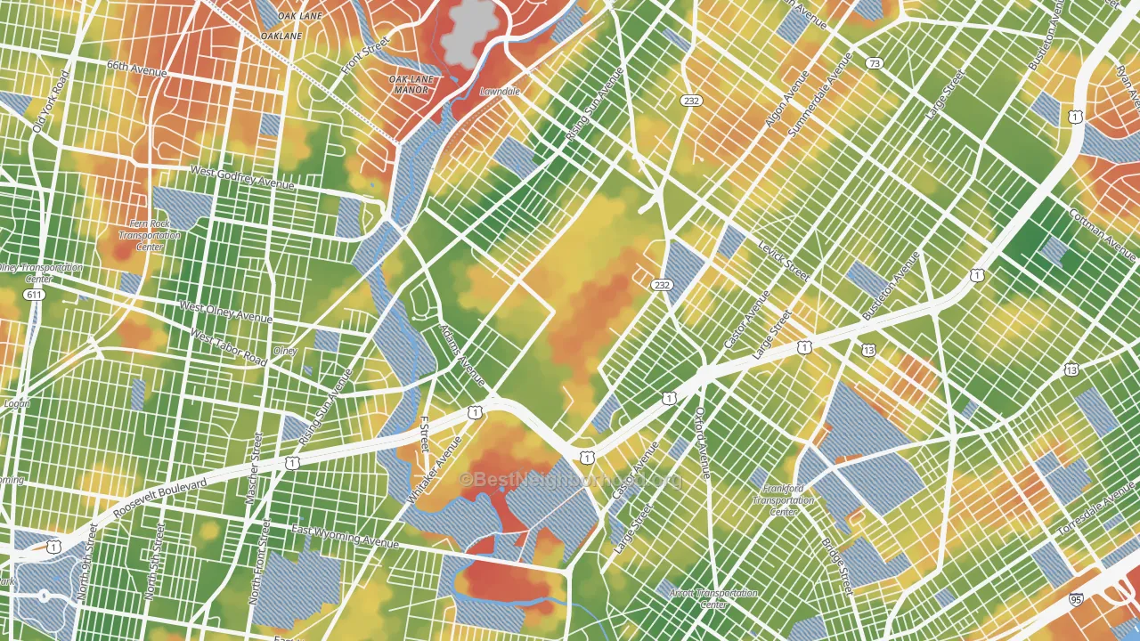 Walk Grade map of Summerdale, Philadelphia, PA, walkable areas in green and car-dependent areas in red