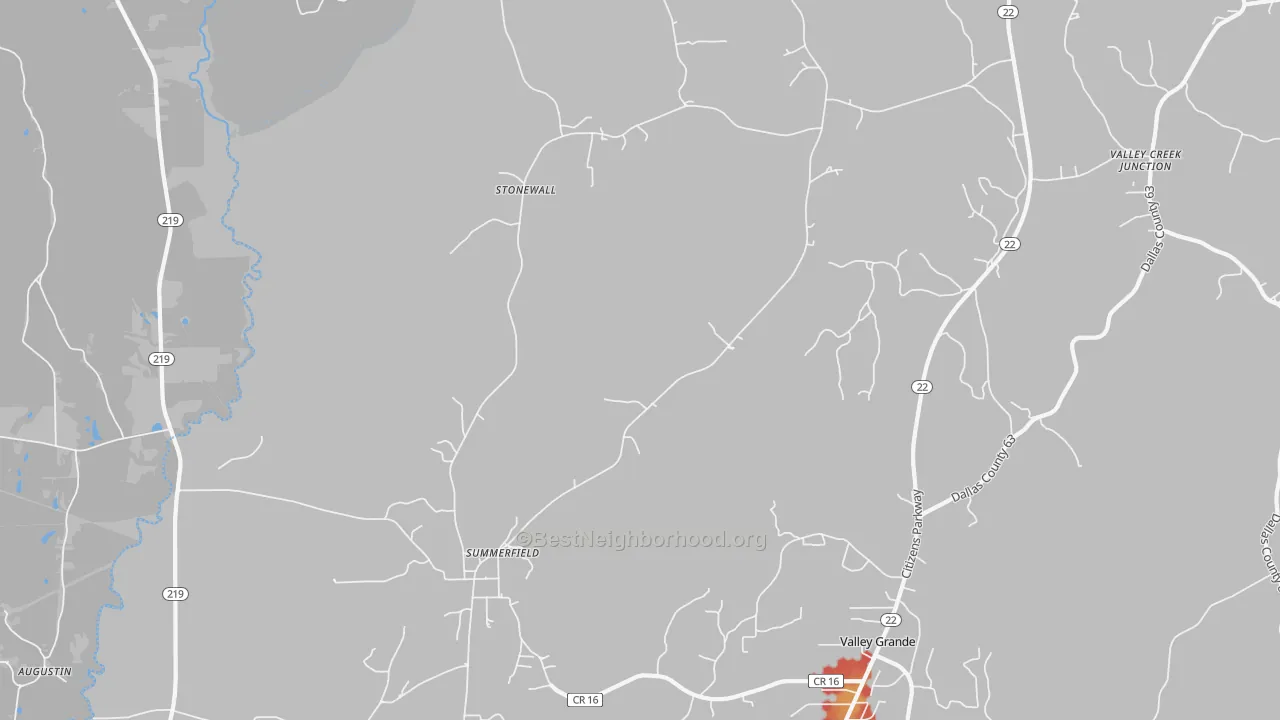 Walk Grade map of Summerfield, AL, walkable areas in green and car-dependent areas in red