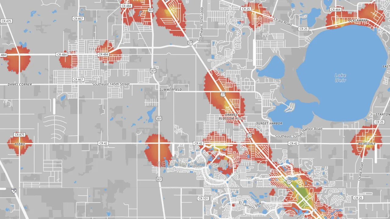Walk Grade map of Summerfield, FL, walkable areas in green and car-dependent areas in red