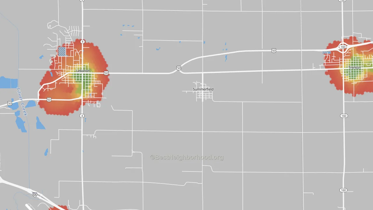 Walk Grade map of Summerfield, IL, walkable areas in green and car-dependent areas in red