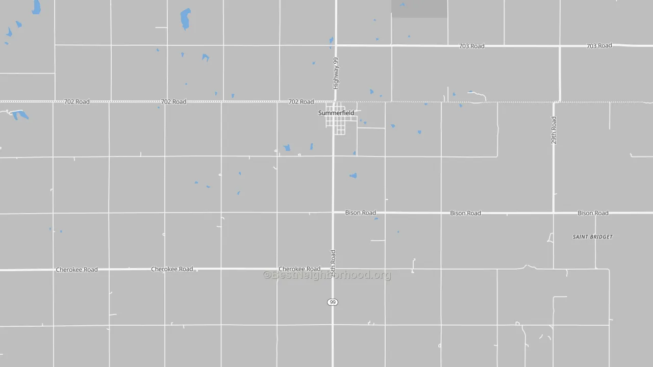 Walk Grade map of Summerfield, KS, walkable areas in green and car-dependent areas in red