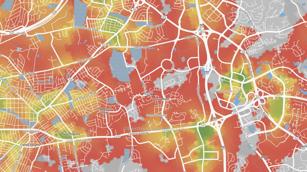 Walk Grade map of Summerfield, MD, walkable areas in green and car-dependent areas in red