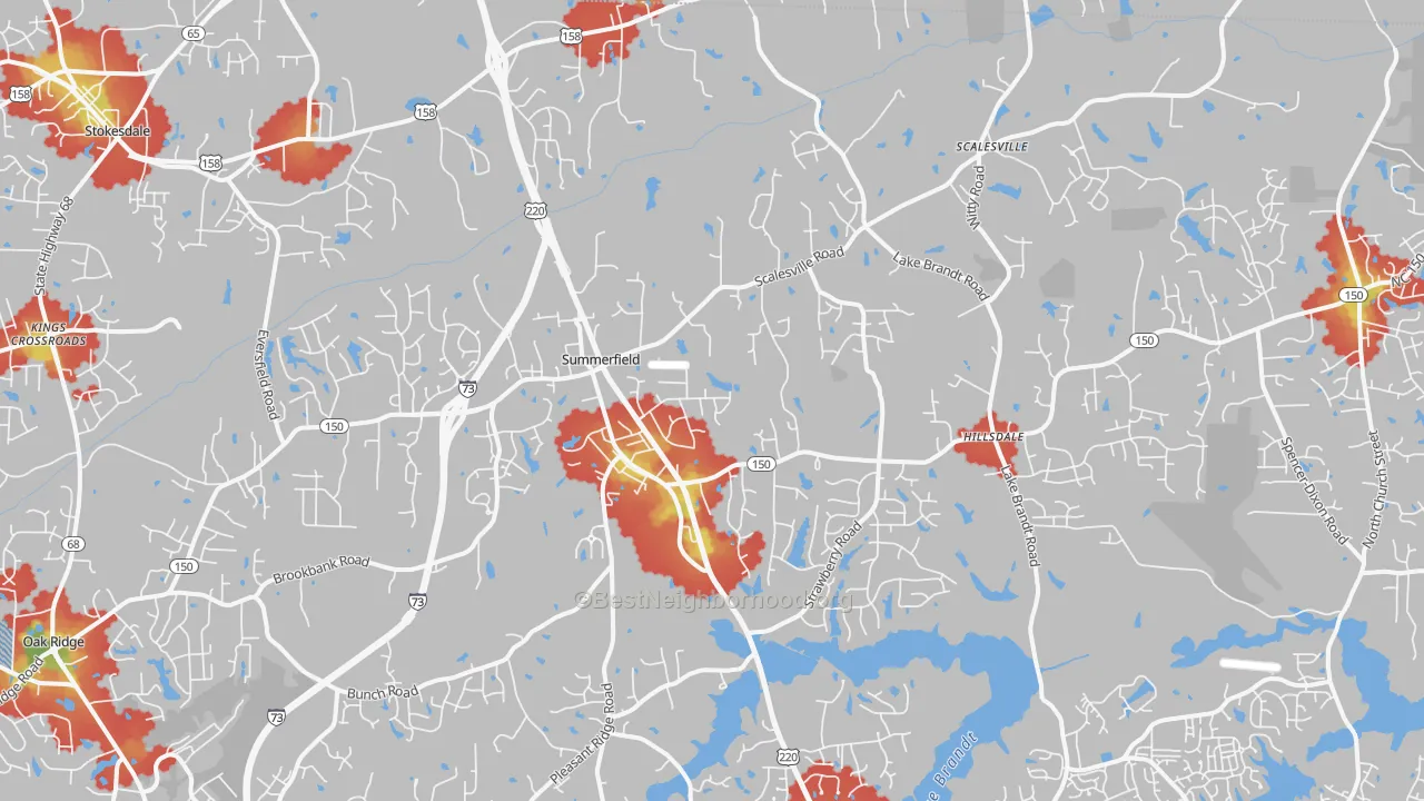 Walk Grade map of Summerfield, NC, walkable areas in green and car-dependent areas in red