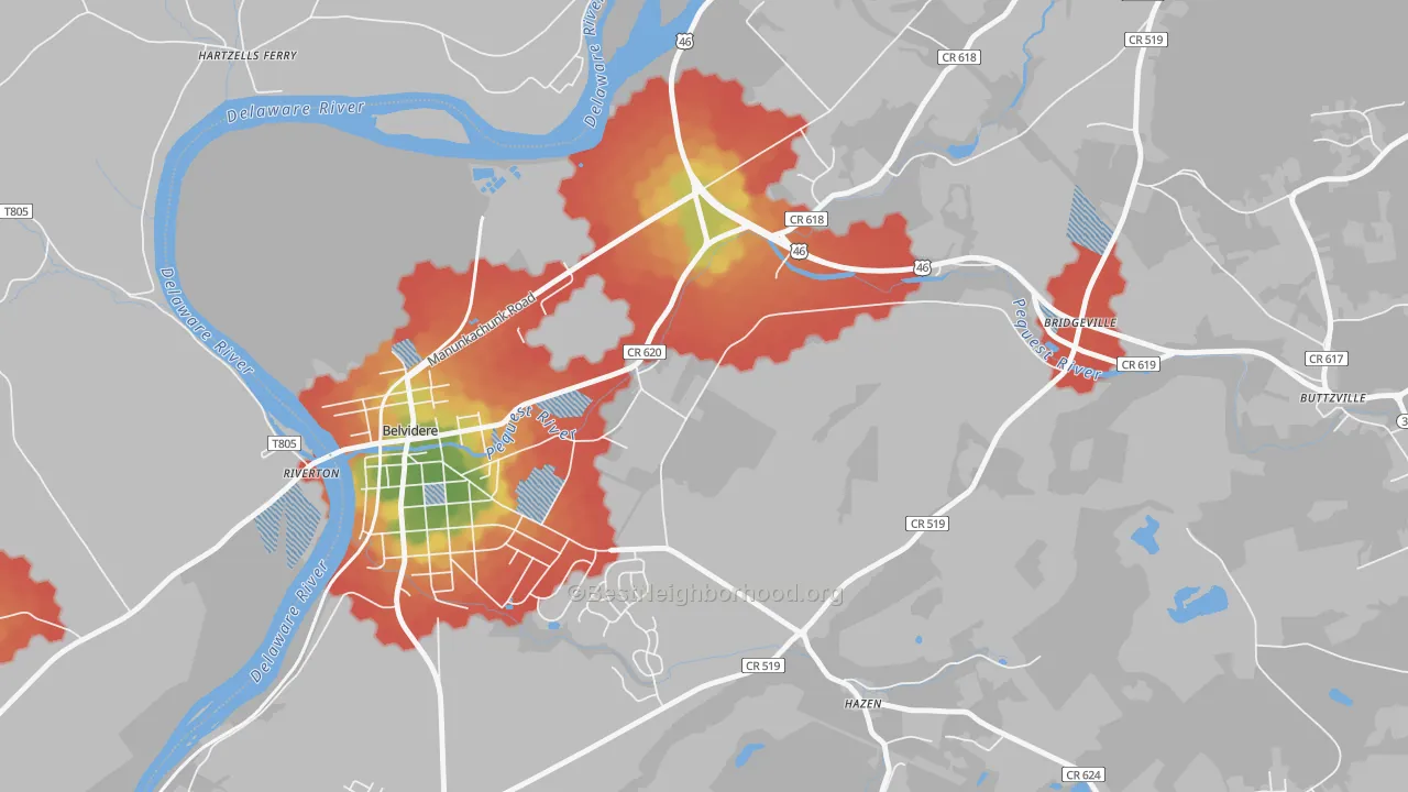 Walk Grade map of Summerfield, NJ, walkable areas in green and car-dependent areas in red