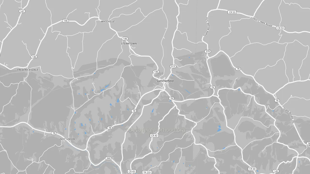 Walk Grade map of Summerfield, OH, walkable areas in green and car-dependent areas in red