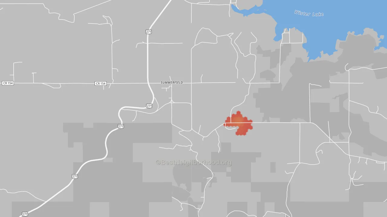 Walk Grade map of Summerfield, OK, walkable areas in green and car-dependent areas in red
