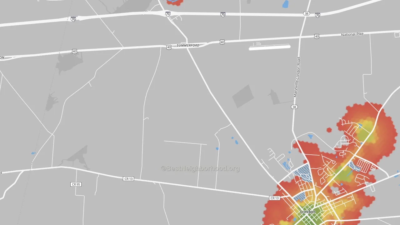 Walk Grade map of Summerford, OH, walkable areas in green and car-dependent areas in red