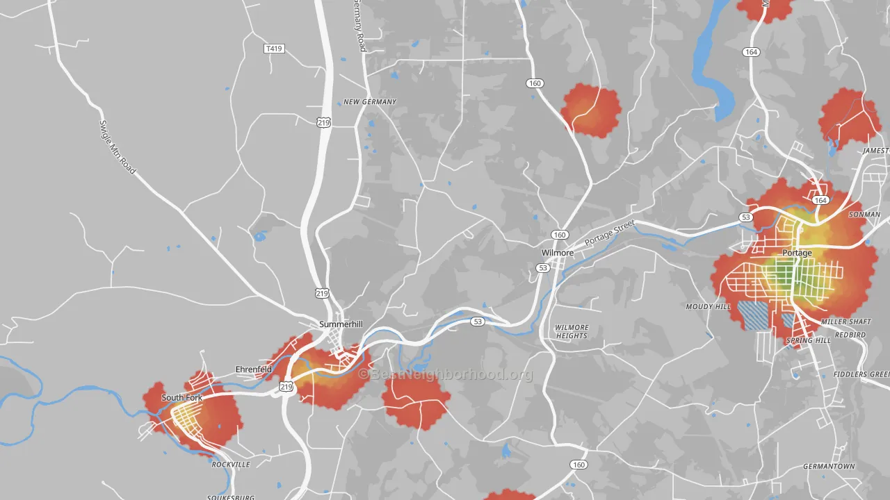 Walk Grade map of Summerhill, PA, walkable areas in green and car-dependent areas in red