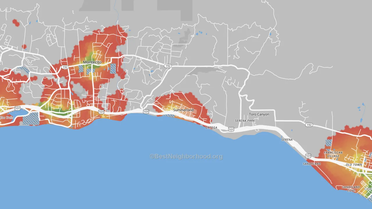Walk Grade map of Summerland, CA, walkable areas in green and car-dependent areas in red