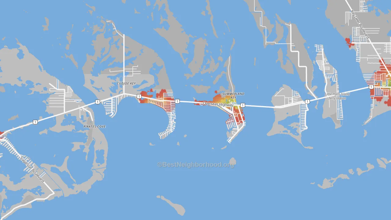 Walk Grade map of Summerland Key, FL, walkable areas in green and car-dependent areas in red