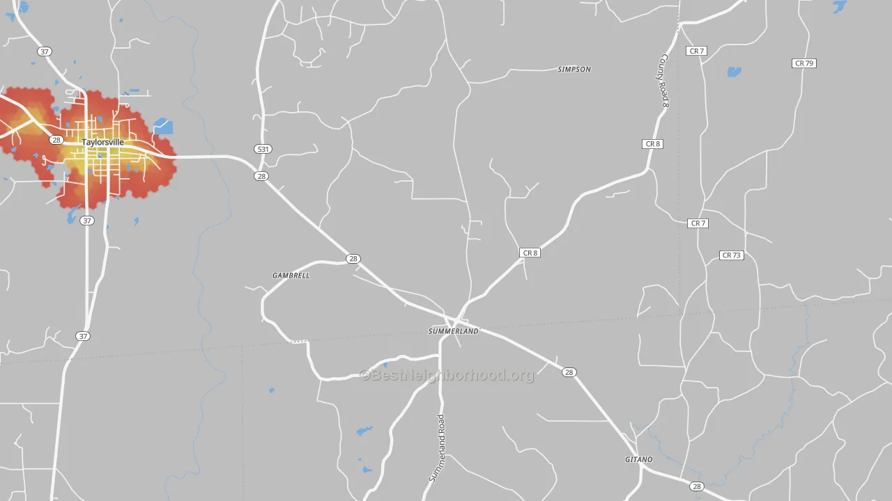 Walk Grade map of Summerland, MS, walkable areas in green and car-dependent areas in red