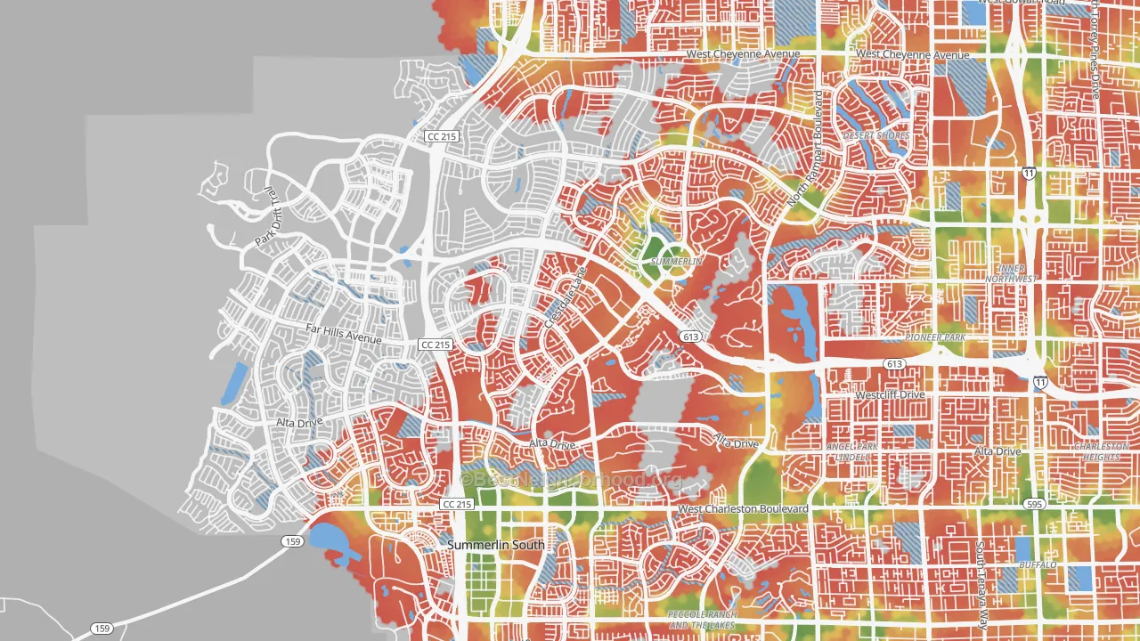 Walk Grade map of Summerlin North, Las Vegas, NV, walkable areas in green and car-dependent areas in red