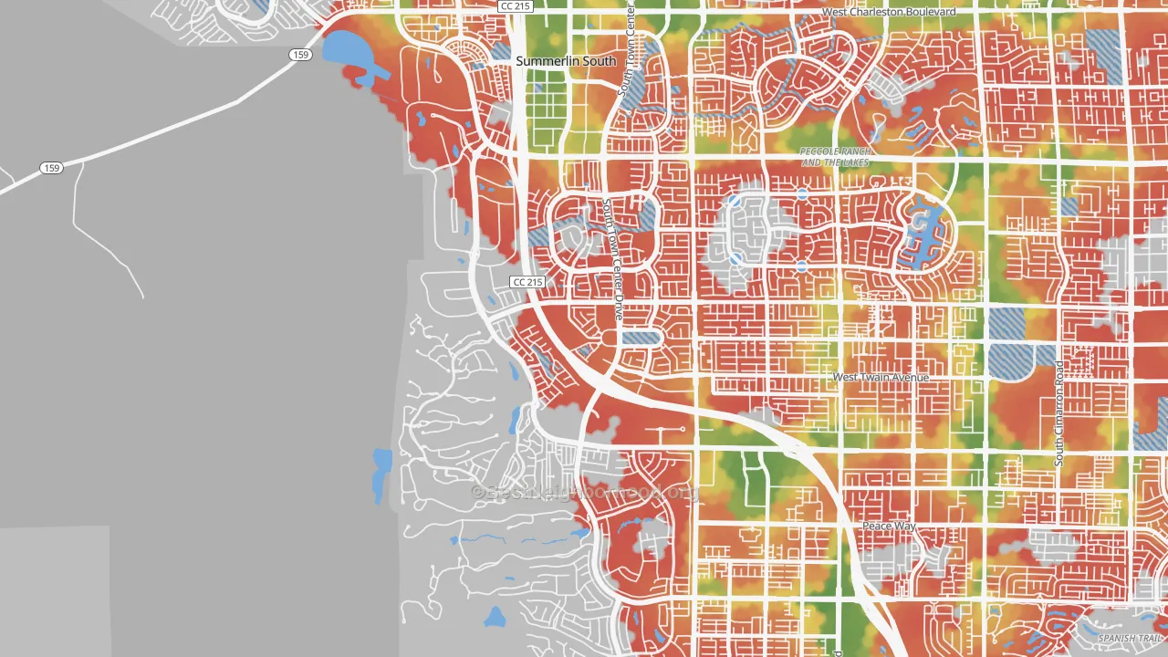 Walk Grade map of Summerlin South, NV, walkable areas in green and car-dependent areas in red