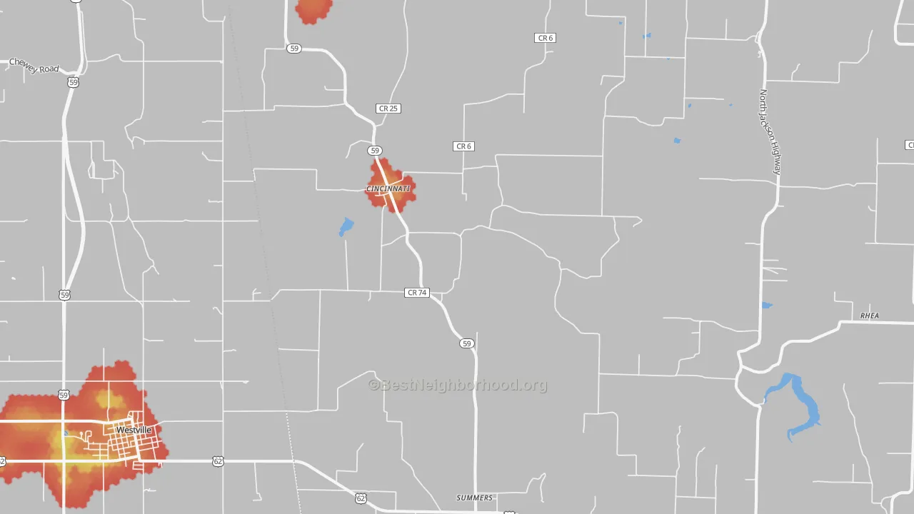 Walk Grade map of Summers, AR, walkable areas in green and car-dependent areas in red