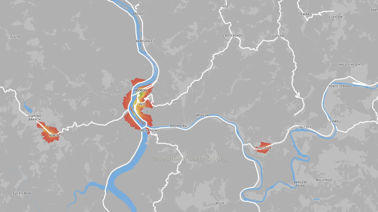 Walk Grade map of Summers County, WV, walkable areas in green and car-dependent areas in red