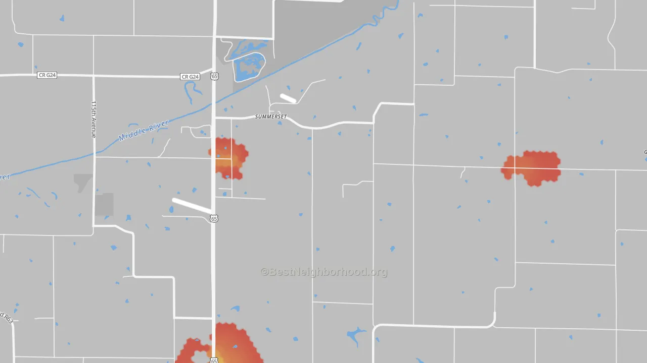 Walk Grade map of Summerset, IA, walkable areas in green and car-dependent areas in red