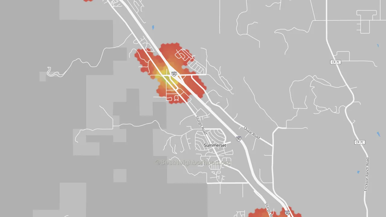 Walk Grade map of Summerset, SD, walkable areas in green and car-dependent areas in red