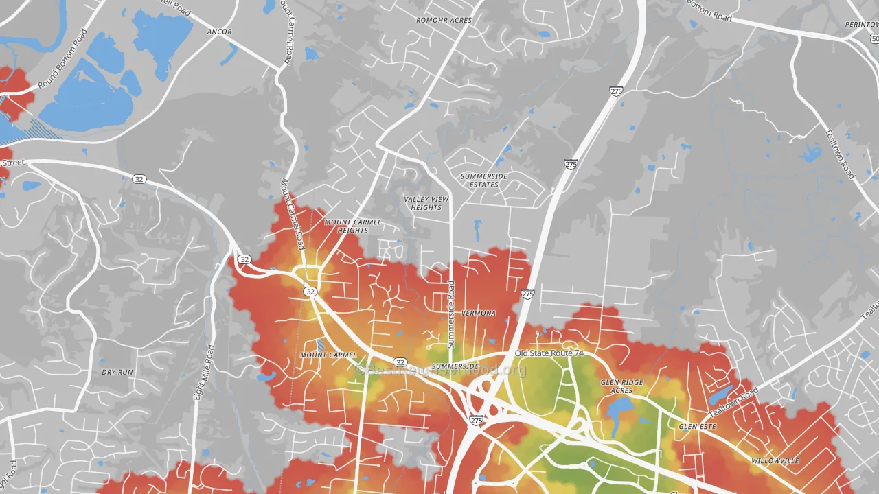 Walk Grade map of Summerside, Cincinnati, OH, walkable areas in green and car-dependent areas in red