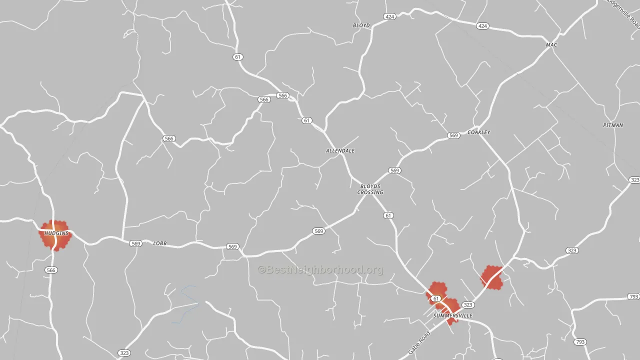 Walk Grade map of Summersville, KY, walkable areas in green and car-dependent areas in red